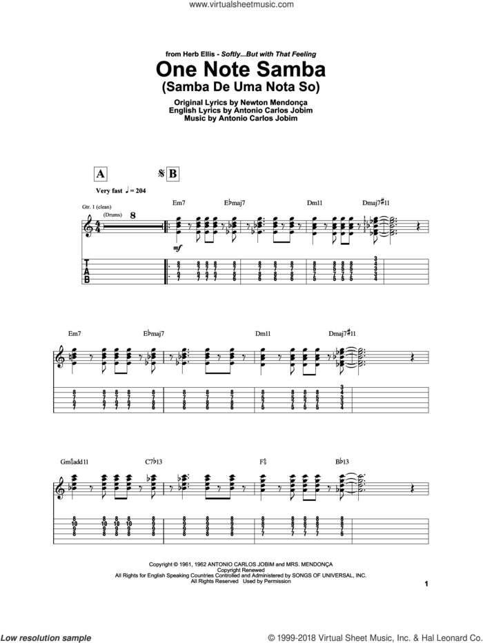 One Note Samba (Samba De Uma Nota So) sheet music for electric guitar (transcription) by Herb Ellis, Antonio Carlos Jobim and Newton Mendonca, intermediate skill level