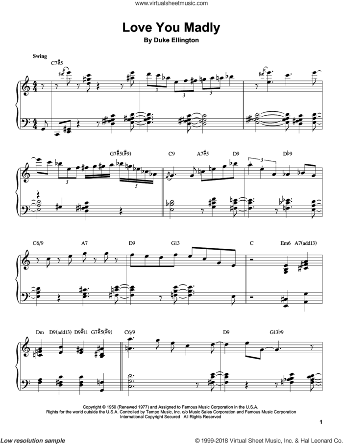Love You Madly sheet music for piano solo (transcription) by Tommy Flanagan and Duke Ellington, intermediate piano (transcription)