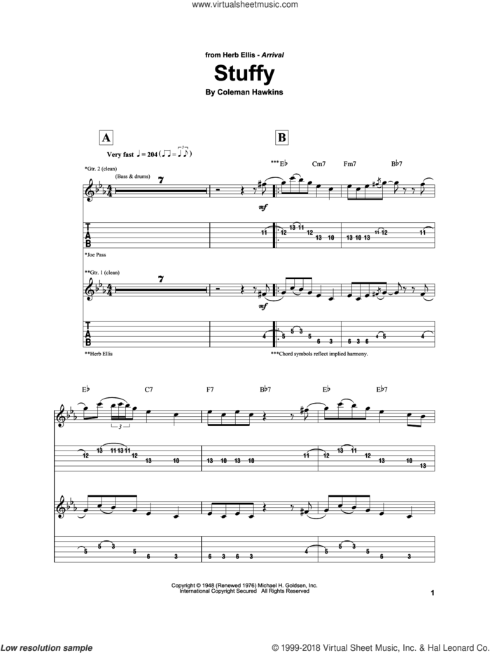 Stuffy sheet music for electric guitar (transcription) by Herb Ellis and Coleman Hawkins, intermediate skill level