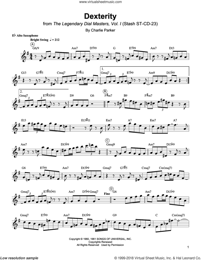 Dexterity sheet music for alto saxophone (transcription) by Charlie Parker, intermediate skill level