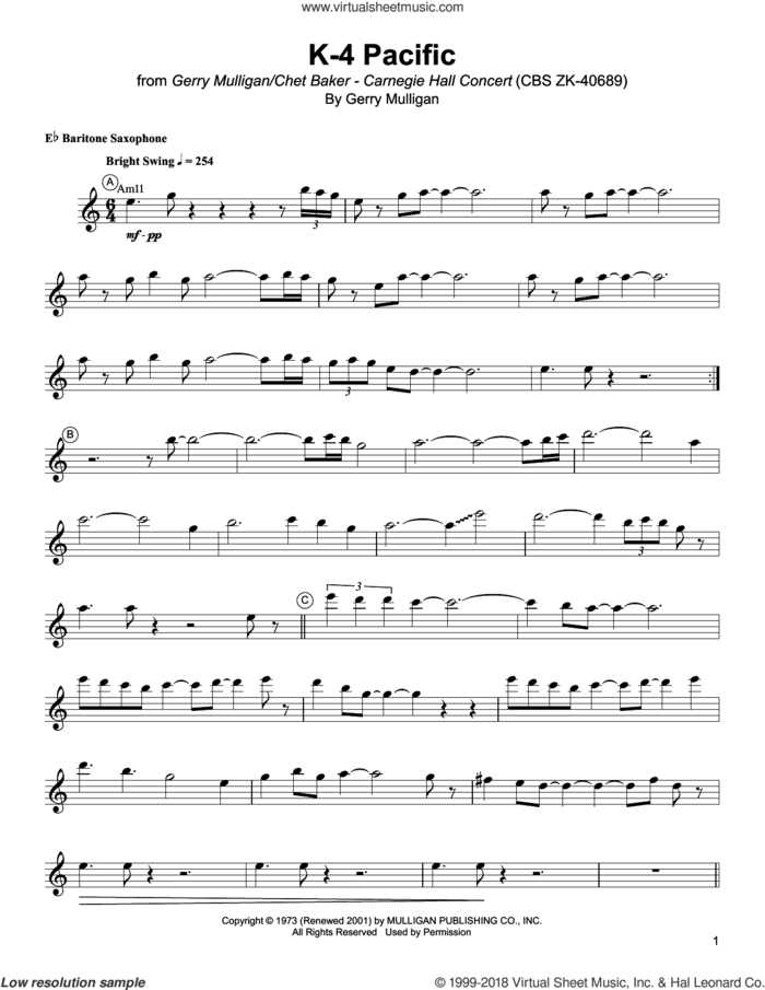 K-4 Pacific sheet music for baritone saxophone (transcription) by Gerry Mulligan, intermediate skill level