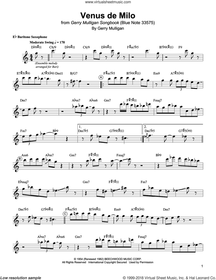 Venus De Milo sheet music for baritone saxophone (transcription) by Gerry Mulligan, intermediate skill level