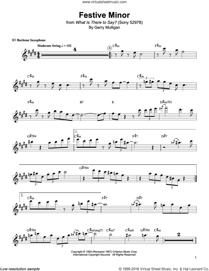 Festive Minor sheet music for baritone saxophone (transcription) by Gerry Mulligan, intermediate skill level