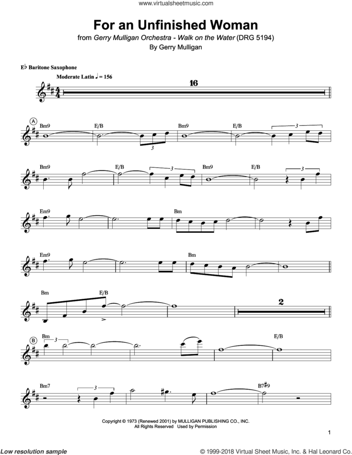 For An Unfinished Woman sheet music for baritone saxophone (transcription) by Gerry Mulligan, intermediate skill level