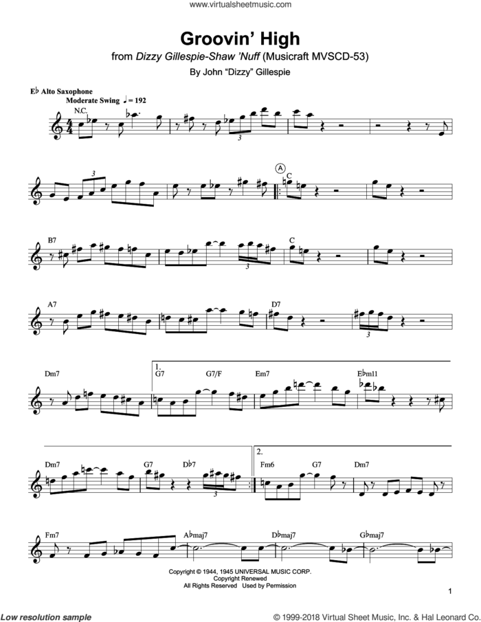 Groovin' High sheet music for alto saxophone (transcription) by Charlie Parker and Dizzy Gillespie, intermediate skill level