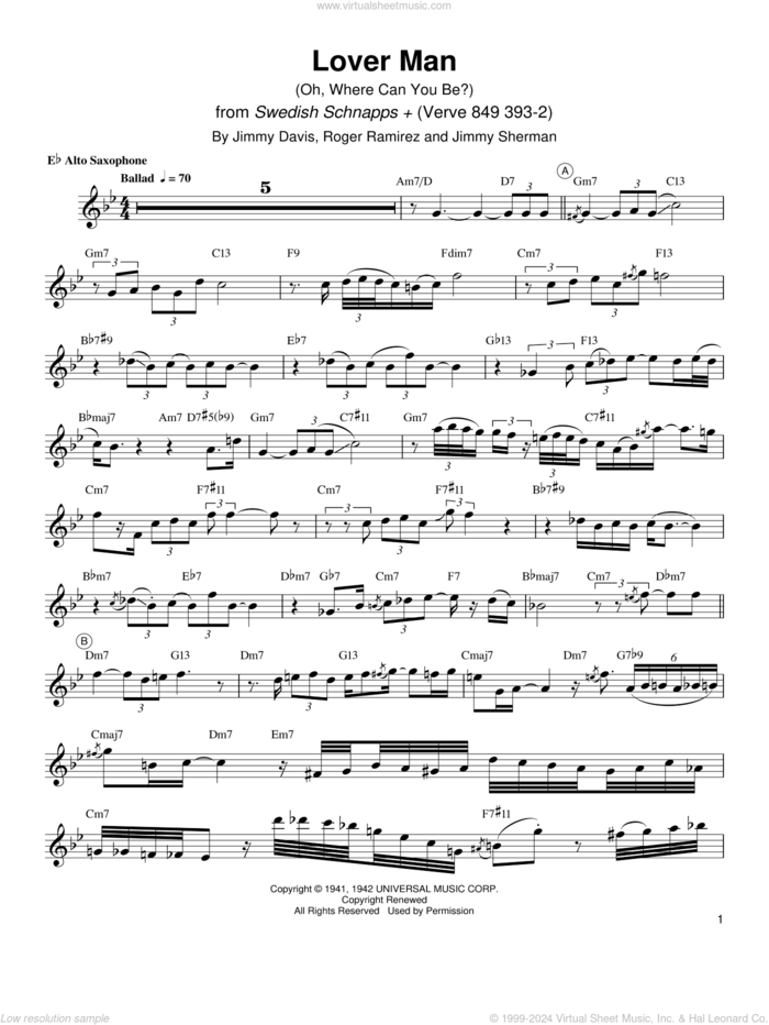 Lover Man (Oh, Where Can You Be?) sheet music for alto saxophone (transcription) by Charlie Parker, Jimmie Davis, Jimmy Sherman and Roger Ramirez, intermediate skill level