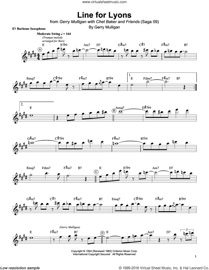 Line For Lyons sheet music for baritone saxophone (transcription) by Gerry Mulligan, intermediate skill level