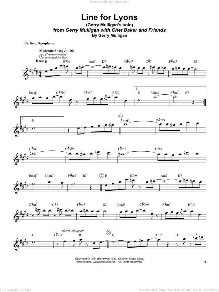 Line For Lyons sheet music for baritone saxophone (transcription) by Gerry Mulligan, intermediate skill level