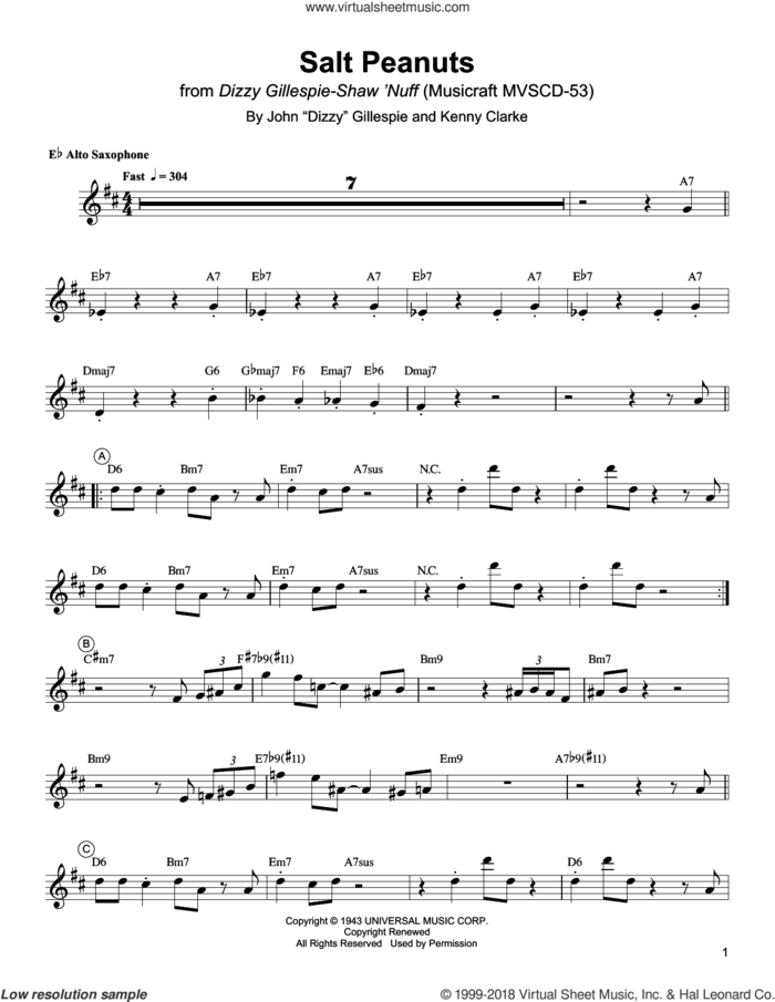 Salt Peanuts sheet music for alto saxophone (transcription) by Charlie Parker, Dizzy Gillespie and Kenny Clarke, intermediate skill level