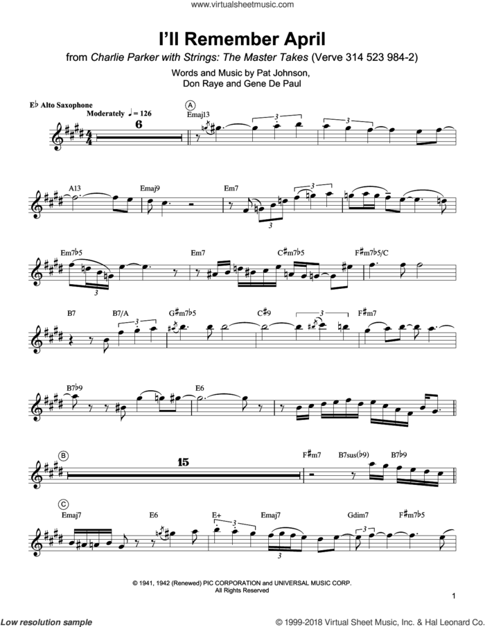 I'll Remember April sheet music for alto saxophone (transcription) by Charlie Parker, Don Raye, Gene DePaul and Pat Johnston, intermediate skill level