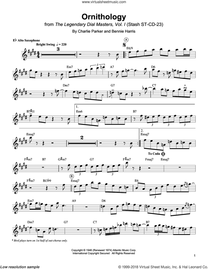 Ornithology sheet music for alto saxophone (transcription) by Charlie Parker and Bennie Harris, intermediate skill level