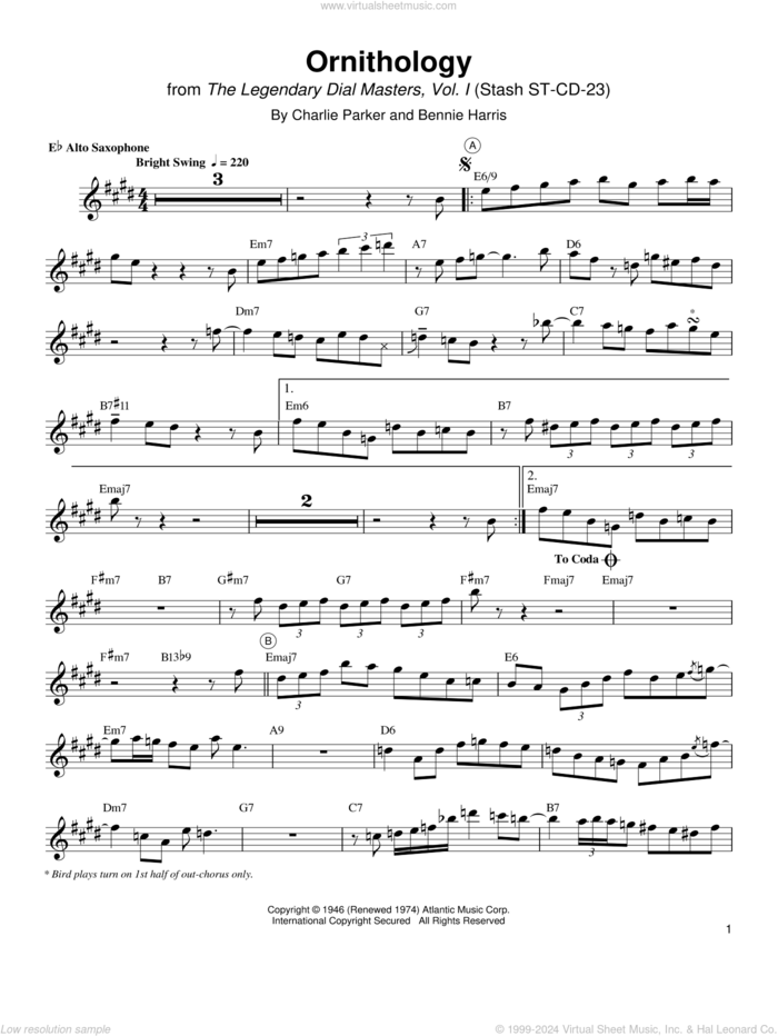 Ornithology sheet music for alto saxophone (transcription) by Charlie Parker and Bennie Harris, intermediate skill level