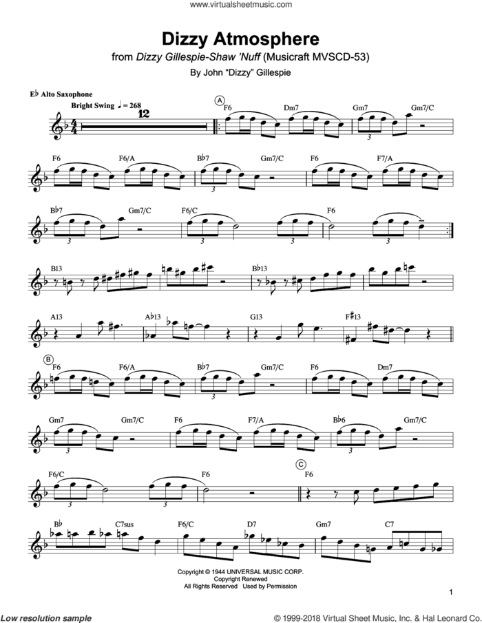 Dizzy Atmosphere sheet music for alto saxophone (transcription) by Charlie Parker and Dizzy Gillespie, intermediate skill level