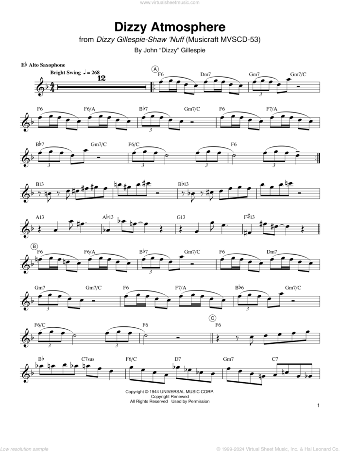 Dizzy Atmosphere sheet music for alto saxophone (transcription) by Charlie Parker and Dizzy Gillespie, intermediate skill level