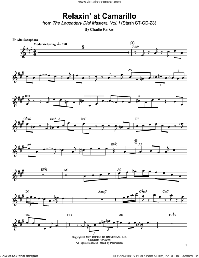 Relaxin' At The Camarillo sheet music for alto saxophone (transcription) by Charlie Parker, intermediate skill level