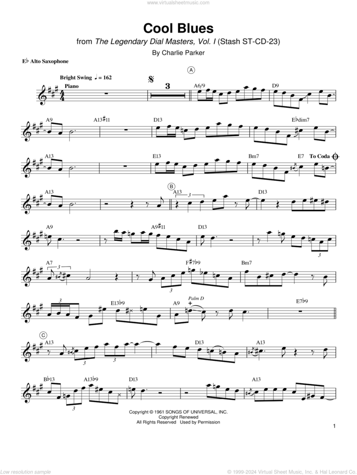 Cool Blues sheet music for alto saxophone (transcription) by Charlie Parker, intermediate skill level