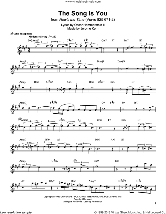 The Song Is You sheet music for alto saxophone (transcription) by Charlie Parker, Jerome Kern and Oscar II Hammerstein, intermediate skill level