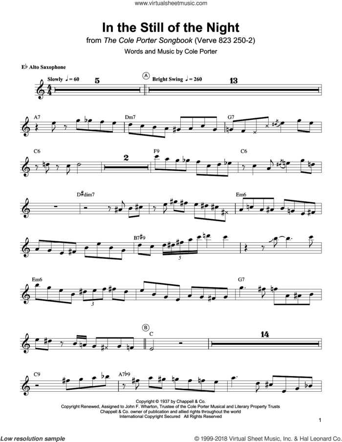 In The Still Of The Night sheet music for alto saxophone (transcription) by Charlie Parker and Cole Porter, intermediate skill level