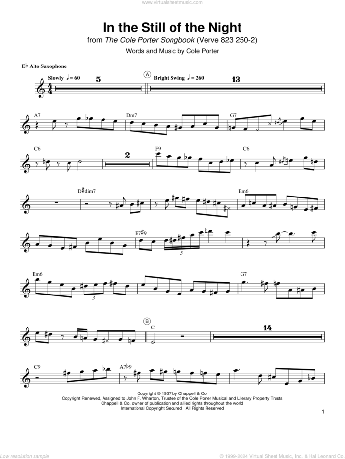 In The Still Of The Night sheet music for alto saxophone (transcription) by Charlie Parker and Cole Porter, intermediate skill level