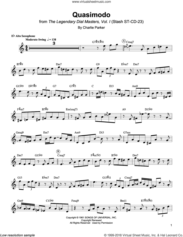 Quasimodo sheet music for alto saxophone (transcription) by Charlie Parker, intermediate skill level