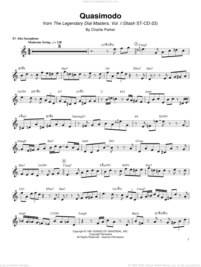 Quasimodo sheet music for alto saxophone (transcription) by Charlie Parker, intermediate skill level