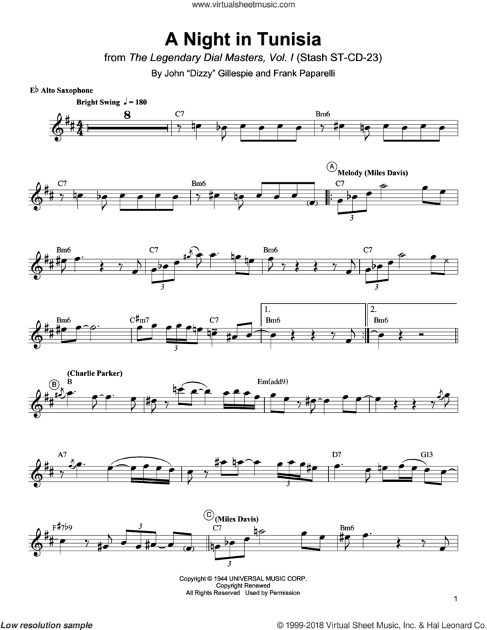 A Night In Tunisia sheet music for alto saxophone (transcription) by Charlie Parker, Dizzy Gillespie and Frank Paparelli, intermediate skill level