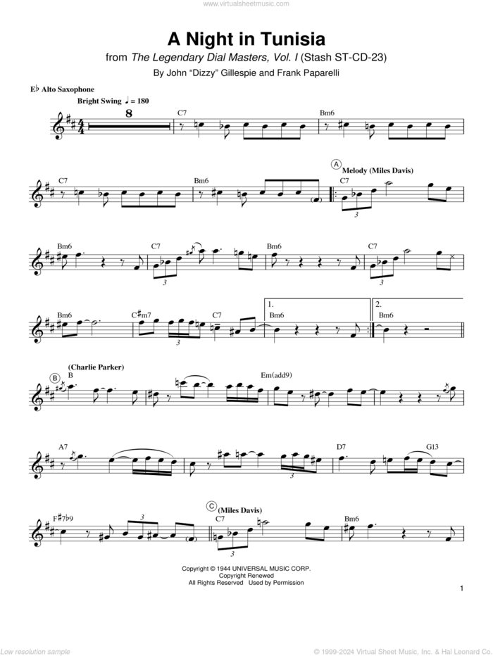 A Night In Tunisia sheet music for alto saxophone (transcription) by Charlie Parker, Dizzy Gillespie and Frank Paparelli, intermediate skill level