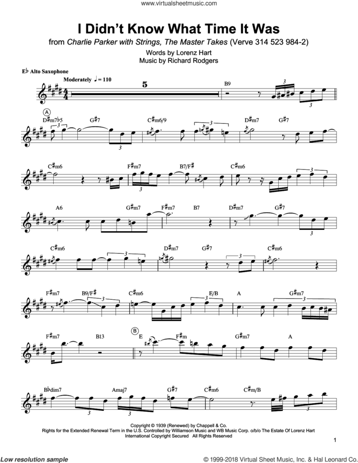 I Didn't Know What Time It Was sheet music for alto saxophone (transcription) by Charlie Parker, Lorenz Hart and Richard Rodgers, intermediate skill level