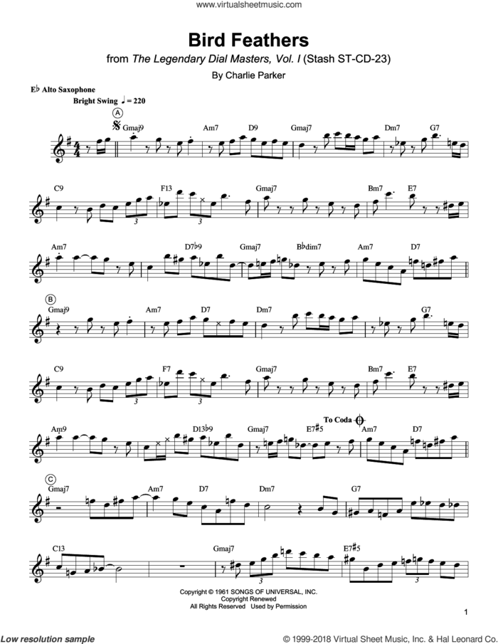 Bird Feathers sheet music for alto saxophone (transcription) by Charlie Parker, intermediate skill level