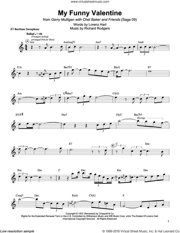 My Funny Valentine sheet music for baritone saxophone (transcription) by Gerry Mulligan, Lorenz Hart and Richard Rodgers, intermediate skill level