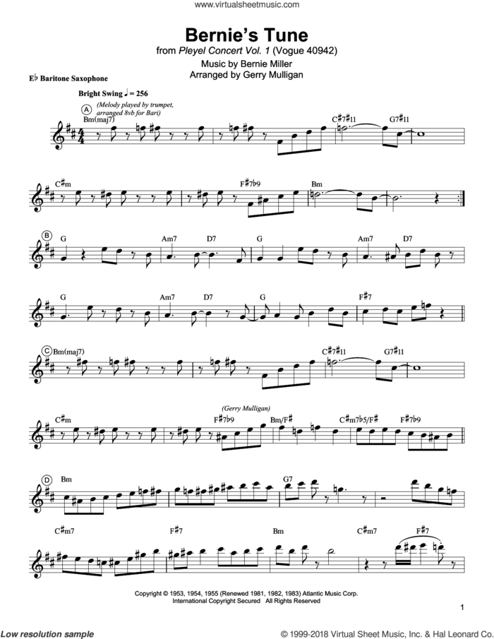 Bernie's Tune sheet music for baritone saxophone (transcription) by Gerry Mulligan, Bernie Miller, Jerry Lieber and Mike Stoller, intermediate skill level