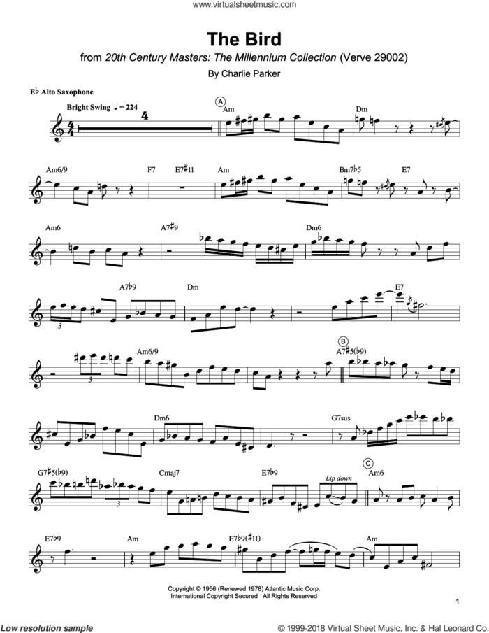 The Bird sheet music for alto saxophone (transcription) by Charlie Parker, intermediate skill level