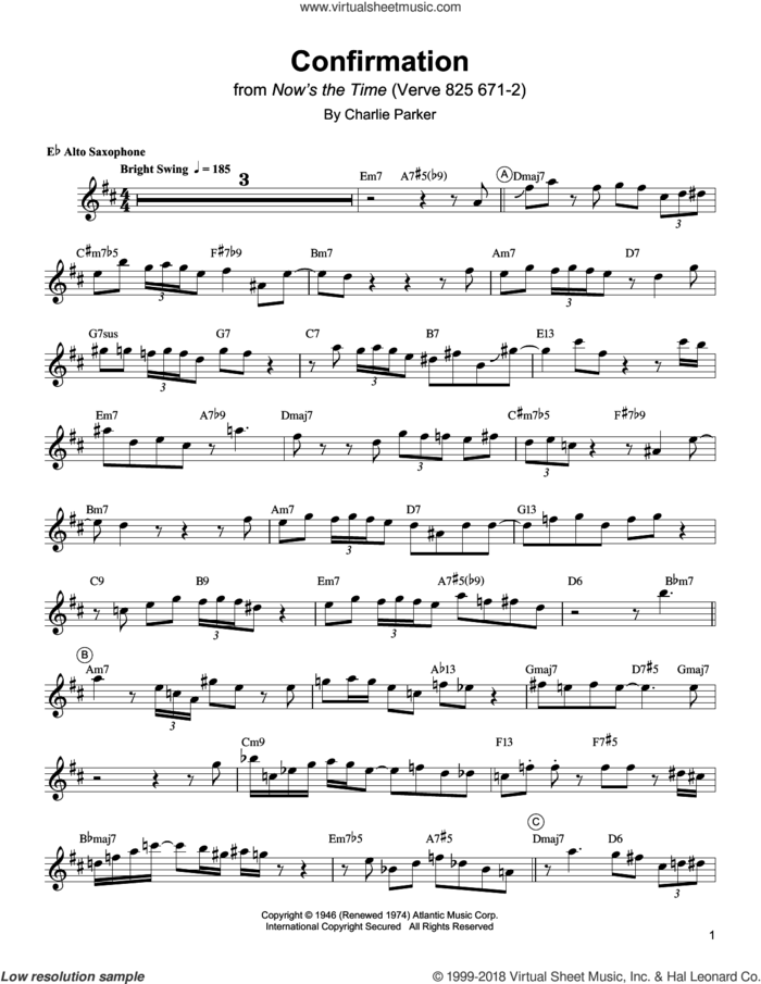 Confirmation sheet music for alto saxophone (transcription) by Charlie Parker, intermediate skill level
