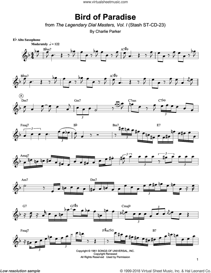 Bird Of Paradise sheet music for alto saxophone (transcription) by Charlie Parker, intermediate skill level