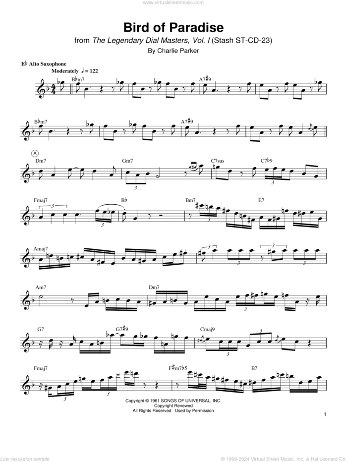 Bird Of Paradise sheet music for alto saxophone (transcription) by Charlie Parker, intermediate skill level