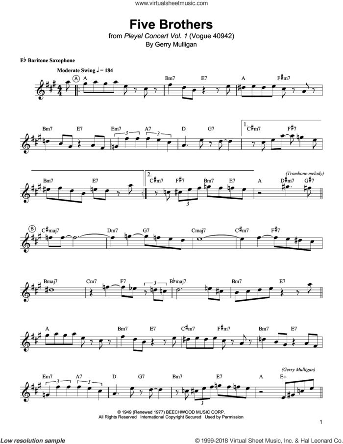 Five Brothers sheet music for baritone saxophone (transcription) by Gerry Mulligan, intermediate skill level