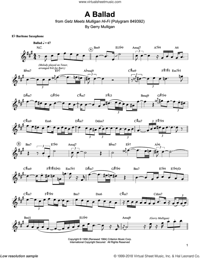 A Ballad sheet music for baritone saxophone (transcription) by Gerry Mulligan, intermediate skill level