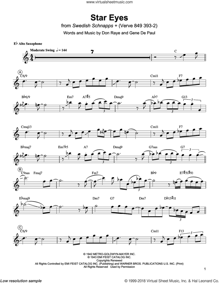 Star Eyes sheet music for alto saxophone (transcription) by Charlie Parker, Don Raye and Gene DePaul, intermediate skill level