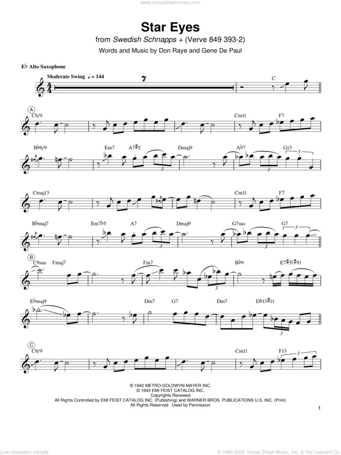 Star Eyes sheet music for alto saxophone (transcription) by Charlie Parker, Don Raye and Gene DePaul, intermediate skill level