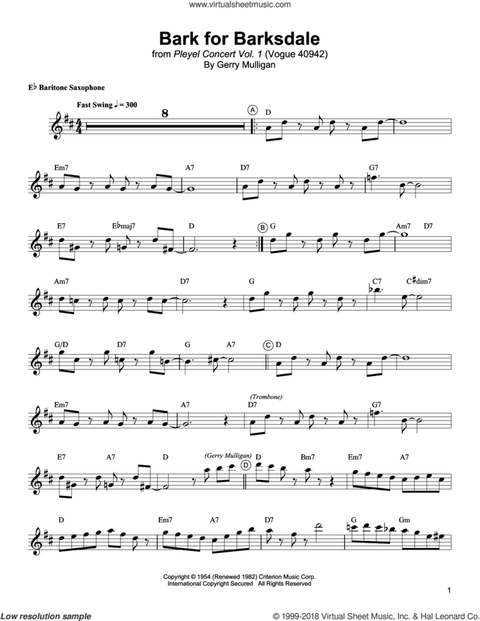 Bark For Barksdale sheet music for baritone saxophone (transcription) by Gerry Mulligan, intermediate skill level