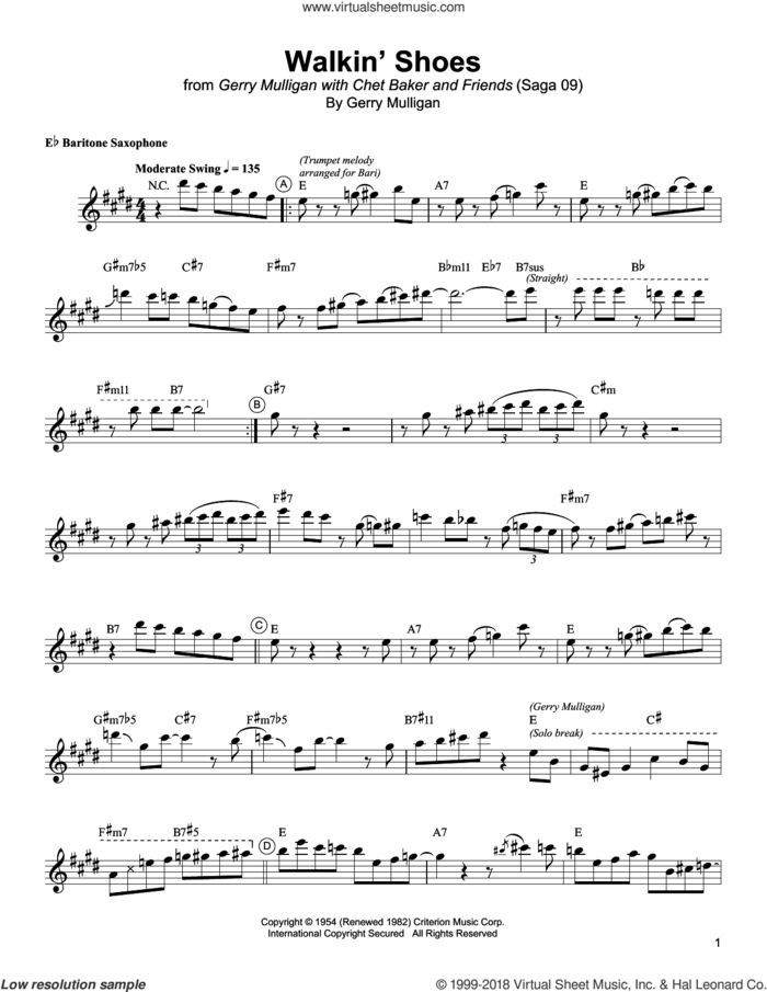 Walkin' Shoes sheet music for baritone saxophone (transcription) by Gerry Mulligan, intermediate skill level