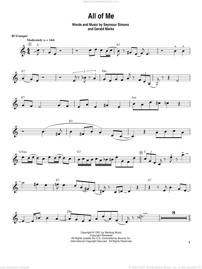All Of Me sheet music for trumpet solo (transcription) by Louis Armstrong, Gerald Marks and Seymour Simons, intermediate trumpet (transcription)