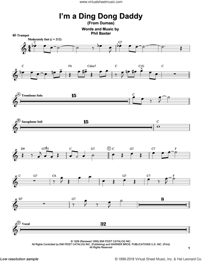 I'm A Ding Dong Daddy (From Dumas) sheet music for trumpet solo (transcription) by Louis Armstrong and Phil Baxter, intermediate trumpet (transcription)