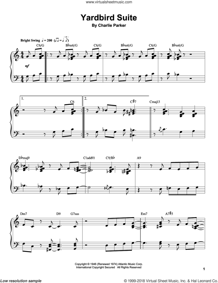 Yardbird Suite sheet music for piano solo (transcription) by Charlie Parker and Paul Smith Trio, intermediate piano (transcription)