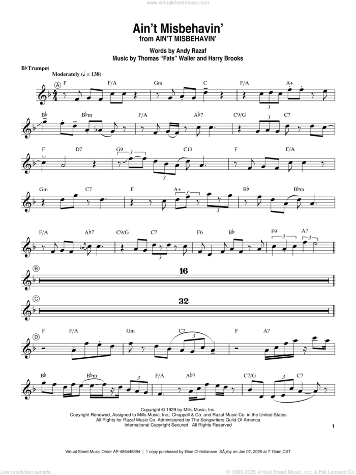 Ain't Misbehavin' sheet music for trumpet solo (transcription) by Louis Armstrong, Andy Razaf, Thomas Waller and Harry Brooks, intermediate trumpet (transcription)