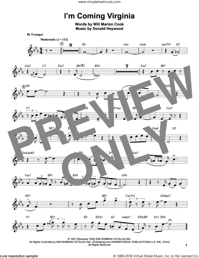 I'm Coming Virginia sheet music for trumpet solo (transcription) by Louis Armstrong, Donald Heywood and Will Marion Cook, intermediate trumpet (transcription)