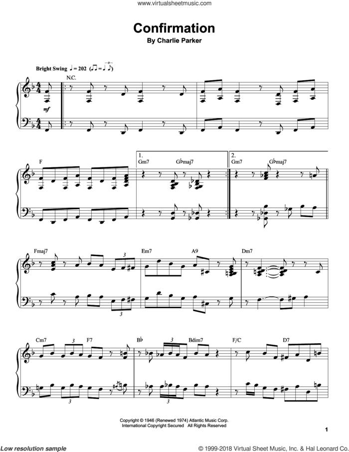 Confirmation sheet music for piano solo (transcription) by Charlie Parker and Paul Smith Trio, intermediate piano (transcription)
