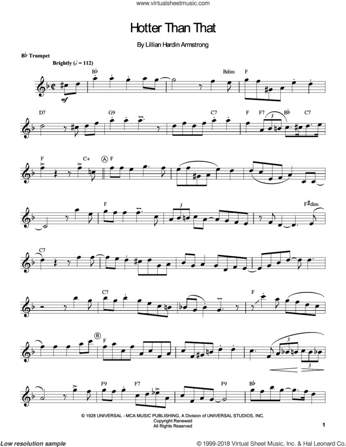 Hotter Than That sheet music for trumpet solo (transcription) by Louis Armstrong and Lillian Hardin Armstrong, intermediate trumpet (transcription)