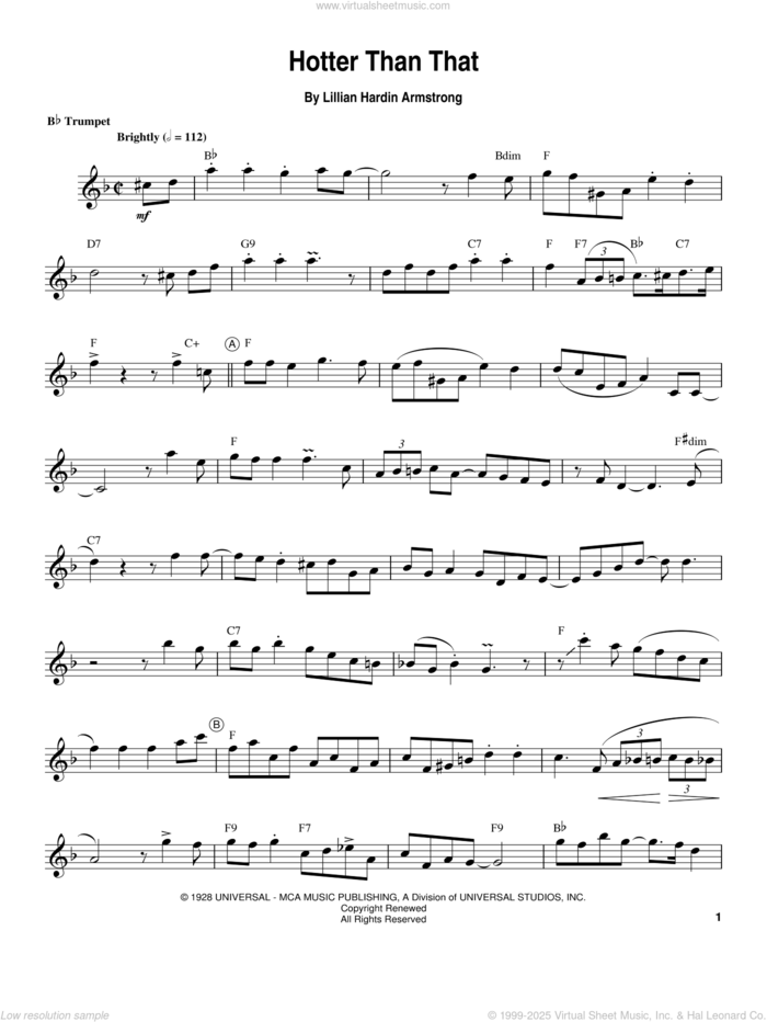 Hotter Than That sheet music for trumpet solo (transcription) by Louis Armstrong and Lillian Hardin Armstrong, intermediate trumpet (transcription)