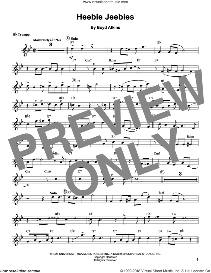 Heebie Jeebies sheet music for trumpet solo (transcription) by Louis Armstrong and Boyd Atkins, intermediate trumpet (transcription)